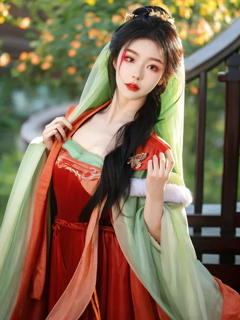 Xingxian，Apricot，Green makeup jadeite，Dan face Sai rouge。The starry eye is still bright，The moth eyebrows are beautiful and aligned。The bottom line is a five-color plum light red dress，Wear a garment lighter than armor。China costume