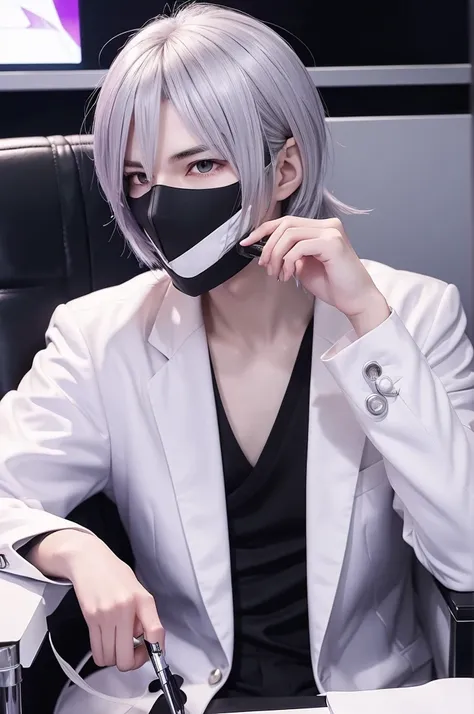 Clip art of anime style game
good looking young man
slender
Silver hair
Purple eyes
Cyber lab
Laboratory of the dark future
Researcher
white coat
Chewing a pen
Bite a ballpoint pen with your teeth.
think
Sit
Luxurious black chair