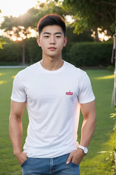 Young Korean man in a white t-shirt and jeans, A handsome, muscular young Asian man looks at the camera. In a simple t-shirt white and red , Fieldside, grass, beach, sunlight, Carrying a camera