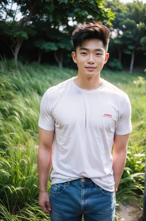 Young Korean man in a white t-shirt and jeans, A handsome, muscular young Asian man looks at the camera. In a simple t-shirt white and red , Fieldside, grass, beach, sunlight, Carrying a camera