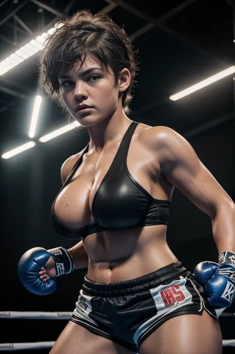 (18 year old female boxer, topless, short messy hair, boxing shorts, boxing pose, curvy figure, voluptuous body, athletic, large breasts, boxing gloves, sweating, boxing ring, dramatic lighting, ultra-detailed, 8k, highres, masterpiece, photorealistic, cin...