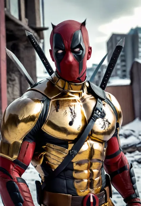 1 Wolverine, 1 deadpool(deadpool, detailed golden outfit, detailed mascara, holding a detailed sword),(wolverine, detailed viking outfit, big muscles detailed, detailed scar face, detailed black eyes), scenario, Destroyed buildings