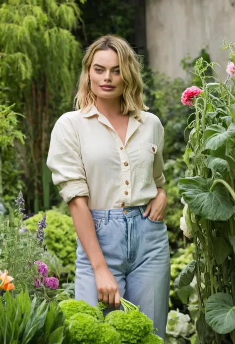 margot robbie in her garden, tending to vibrant flowers and vegetables, dressed in casual gardening clothes, with a relaxed and content expression, surrounded by greenery and blooming plants.
