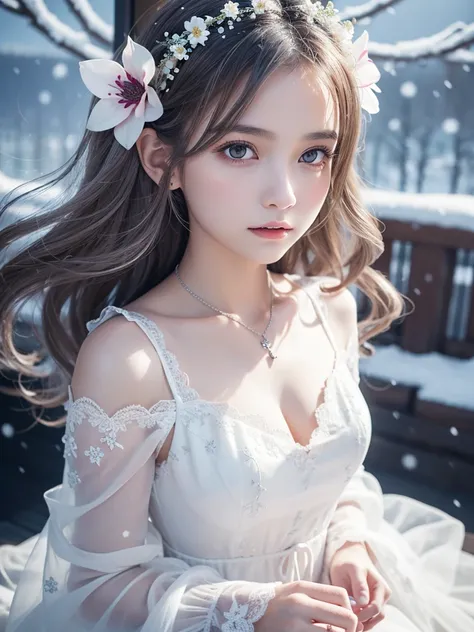 1 Girl, {{masterpiece}},Highest quality,Very detailed,Very detailed CG ユニティ 8k 壁紙,An illustration, One girl, Red eyes, Wavy silver hair, Pointed Ears, vampire, dress, necklace, Hair Flowers, snow, ice, whole body, shot,High Close-up, Very detailed,Center F...