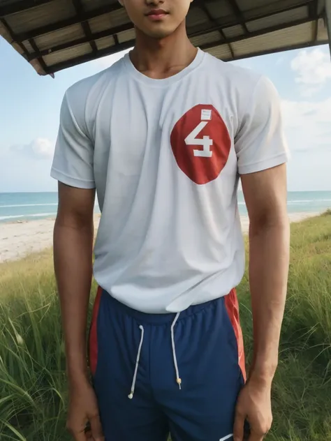 A handsome, muscular young Asian man looks at the camera. In a simple t-shirt white and red , Fieldside, grass, beach, sunlight, Carrying a camera