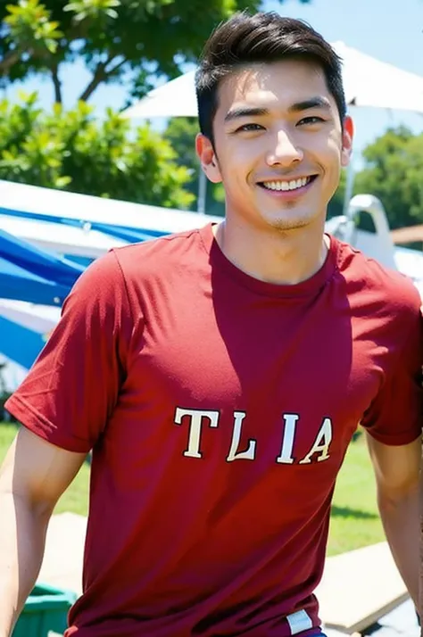 A handsome, muscular young Asian man looks at the camera. In a simple t-shirt white and red , Fieldside, grass, beach, sunlight, Carrying a camera