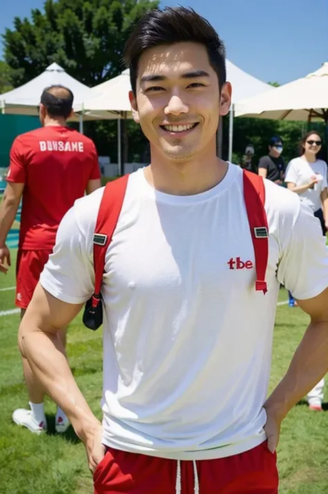 A handsome, muscular young Asian man looks at the camera. In a simple t-shirt white and red , Fieldside, grass, beach, sunlight, Carrying a camera