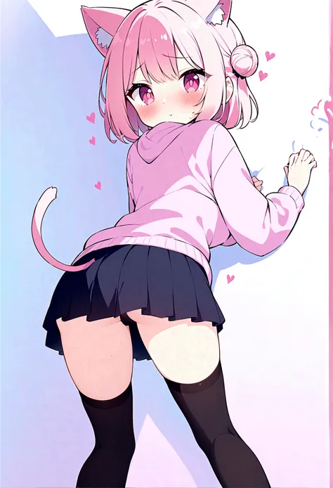 I have white pink hair, cat ears, a bun, my face is super blushing, black glasses, pink heart eyes, a big pink sweatshirt, a black skirt, black stockings, white shoes, a cat&#39;s tail, a girl. very shy that she is glued to a wall with her butt