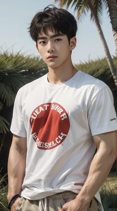 A handsome, muscular young Asian man looks at the camera. In a simple t-shirt white and red , Fieldside, grass, beach, sunlight, Carrying a camera