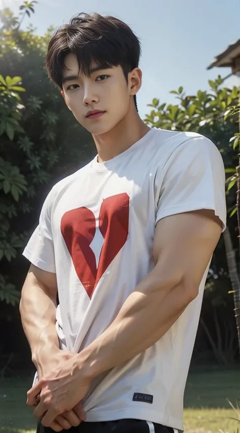 A handsome, muscular young Asian man looks at the camera. In a simple t-shirt white and red , Fieldside, grass, beach, sunlight, Carrying a camera