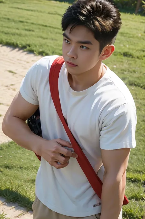 A handsome, muscular young Asian man looks at the camera. In a simple t-shirt white and red , Fieldside, grass, beach, sunlight, Carrying a camera