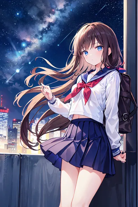 A girl stands on the roof of a skyscraper overlooking Tokyo late at night、High school student wearing a black and white sailor uniform，Some Star Cream、Beautiful starry sky、Beautiful night view、blue eyes，Brown Hair，Small breasts