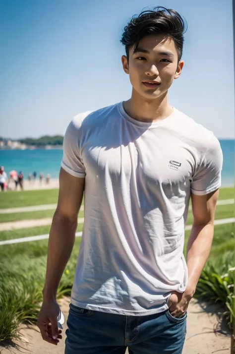 Young Korean man in a white t-shirt and jeans, A handsome, muscular young Asian man looks at the camera. In a simple t-shirt white and red , Fieldside, grass, beach, sunlight, Carrying a camera