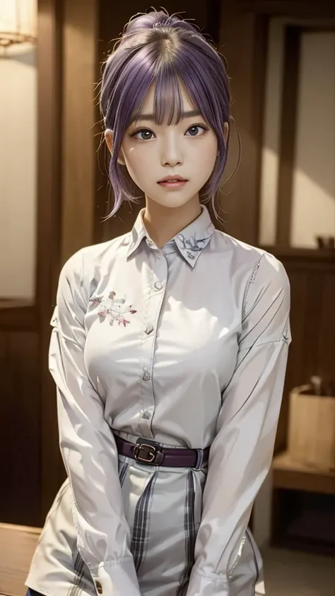 ((high quality)),Tabletop,(Detailed depiction of the site:1.2),1 Japanese girl,(flair shirt:1.3),Enchanted Valley,Mouth closed,eyelash,Looking at the audience,Portraiture,alone,Upper Body, purple hair,White Theme,pony tail,Silver Hair,Yoruhano. 2 Type B,Ex...