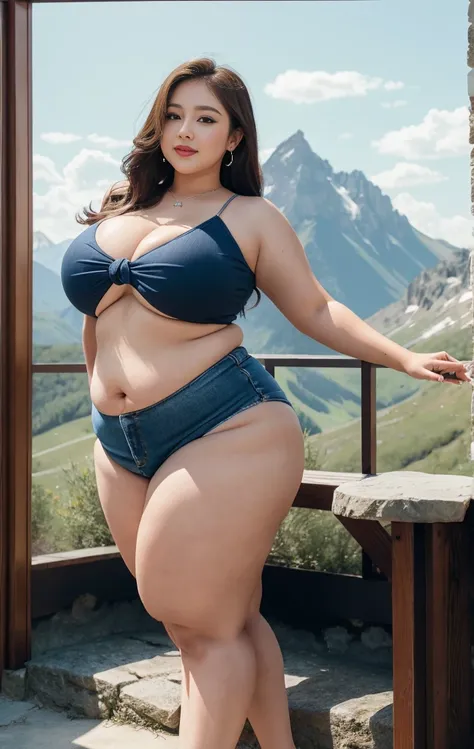 ((Best Quality, 8K, Masterpiece: 1.3)), Chubby woman smile  ((best quality)), ((masterpiece)), (detailed), perfect face, USA woman fat in a dark-blue shirt and blue denim skirt walking down a street, thicc, she has a jiggly fat round belly, bbwchan, wearin...