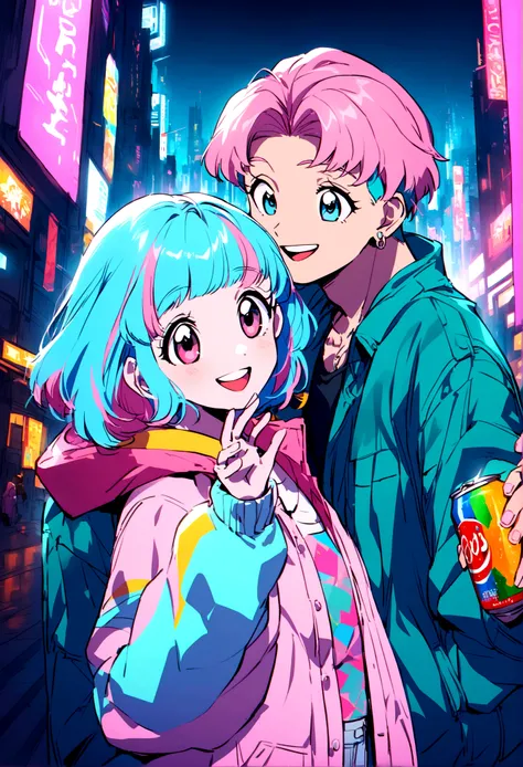 Pink and blue haired girl and boy, soda, Inspired by 90s anime, Cyberpunk City, praise, colorful, , Pink Hair, Blue Hair Happy Couple　A big smile