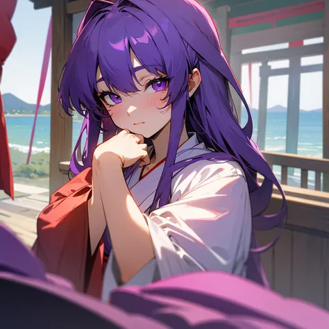 Bangs,Purple Hair,Long Hair,Purple Eyes,Seaside,Shrine maiden