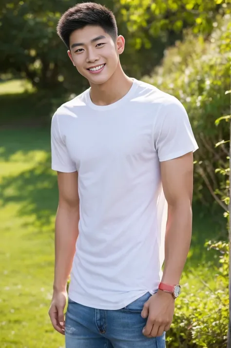 Young Korean man in a white t-shirt and jeans, A handsome, muscular young Asian man looks at the camera. In a simple t-shirt white and red , Fieldside, grass, beach, sunlight, Carrying a camera, smiling