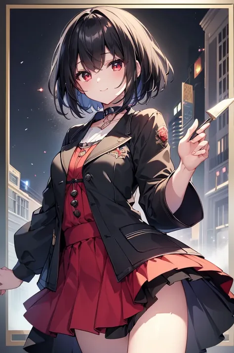 (masterpiece, highest quality, highest quality, (No text), Beautiful and aesthetic:1.2),No text,アニメ、BREAK,One Girl，Black Hair Girl　short hair　older sister　choker　Tree Eyes　Beautiful eyes　Red eyes　cool　smile　Red and Black　Black jacket　mini skirt　whole body　...