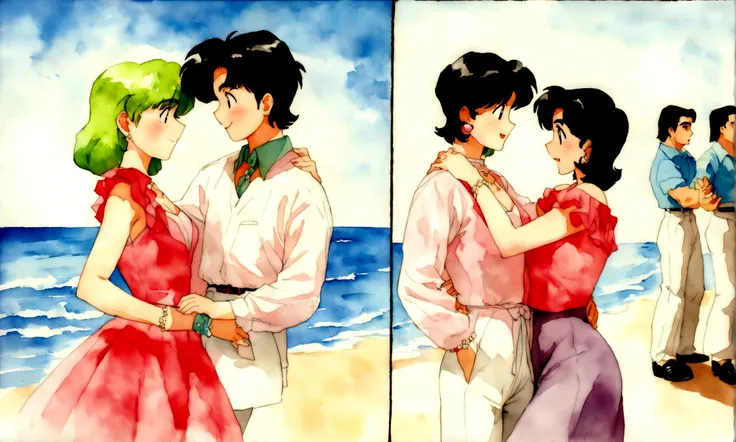 [Vintage Men&#39;s and Women&#39;s], Ancient Anime, 1980s (style), 1990s (style), watercolor (middle), , ((Highest quality)), ((masterpiece)), [Detailed], [Anime and manga images], [Women have small breasts], Couple dancing on the beach１Group