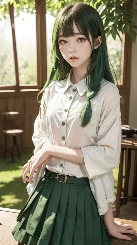 ((high quality)),Tabletop,(Detailed depiction of the site:1.2),Japanese girl, one girl, (flair shirt:1.3),Enchanted Valley,Mouth closed,eyelash, look away,Portraiture,Upper Body, green hair,White Theme, (long hair:1.4), Expressionless,Emotionless, short ba...