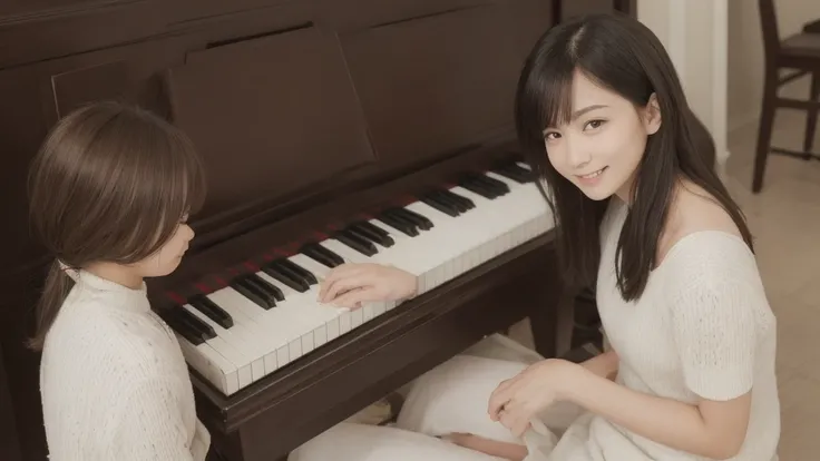 Shallow smile, playing piano,