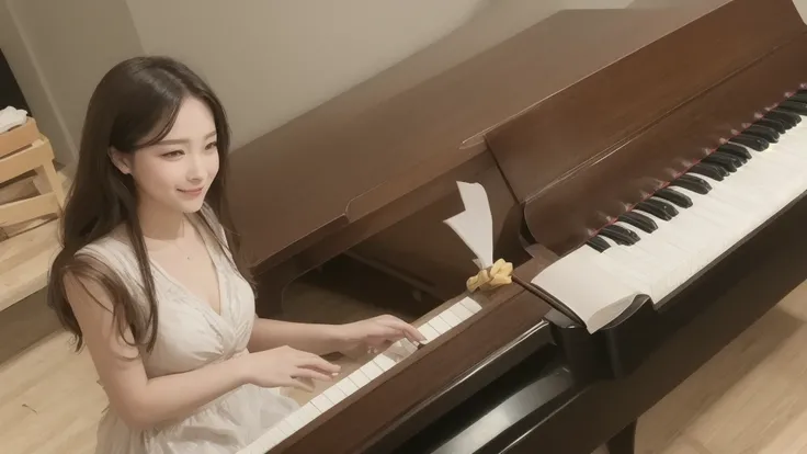 Shallow smile, playing piano,