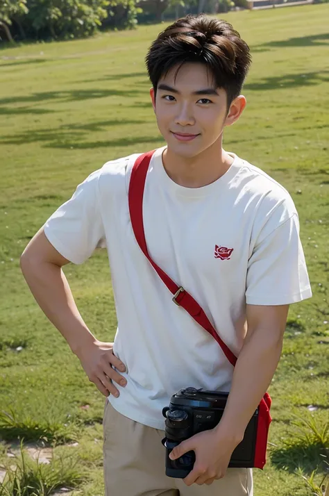 A handsome, muscular young Asian man looks at the camera. In a simple t-shirt white and red , Fieldside, grass, beach, sunlight, Carrying a camera, smiling