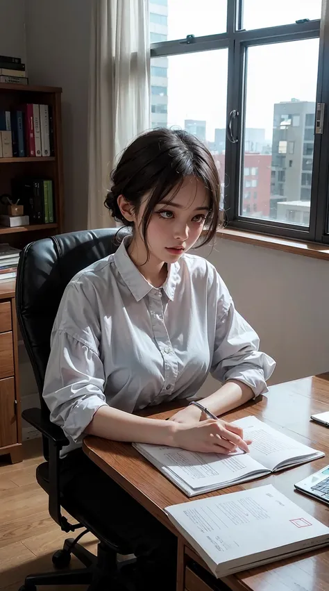 This illustration is、It depicts a beautiful woman working in an office in a high rise building.,Short black hair、 The moment she got tired of the situation. She is working on a laptop、monitorに向かっている. His eyes are shining. There are piles of papers in the r...