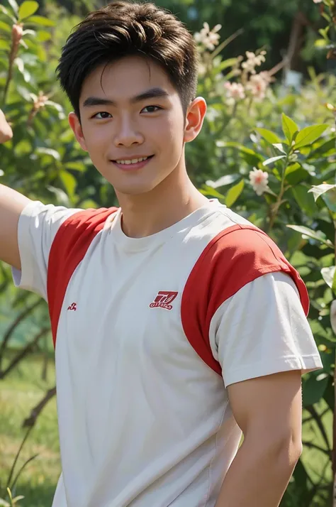 a handsome, muscular young asian man looks at the camera. in a simple t-shirt white and red , fieldside, grass, beach, sunlight,...