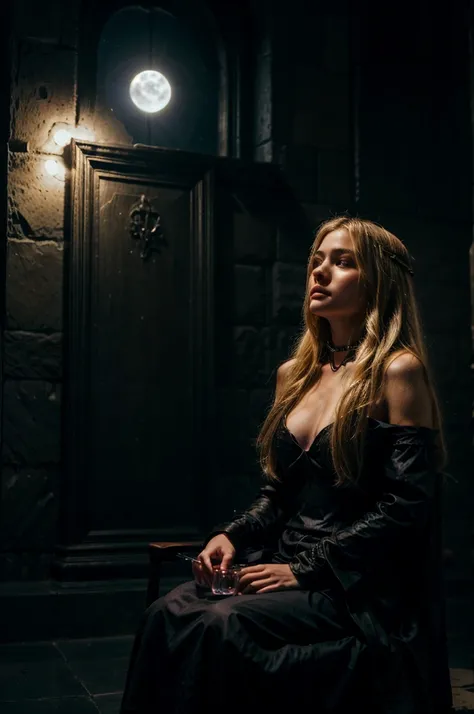 1girl, black dress, holding wineglass, sitting on a royla throne, throneroom, blonde hair, long hair, dusk, midnight, moonlight reflection, from below, air of superiority