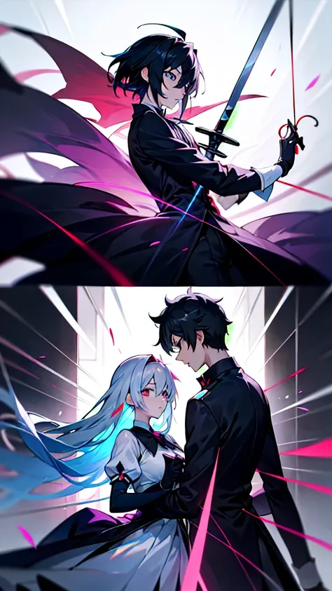 Anime boy and girl in black and white costumes holding swords, gapmoe Yandere, Yandere, I deny that, Photo of a-1, Yandere. expensive, 2b ..., 2b, Anime Cover, gapmoe Yandere grimdark, Sakimi-chan＆frank franzzeta, by Okumura Togyu, anime key visual of eleg...