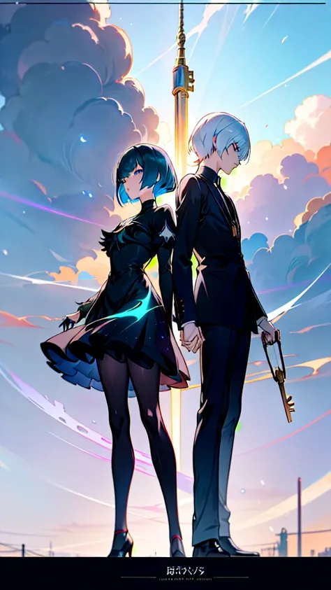 anime couple standing on balcony looking at the sky, anime land of the lustrous, tokyo ghoul, anime key visual concept art of, anime key art, official anime artwork, light novel cover art, anime cover, anime key visual concept, atmospheric anime, detailed ...