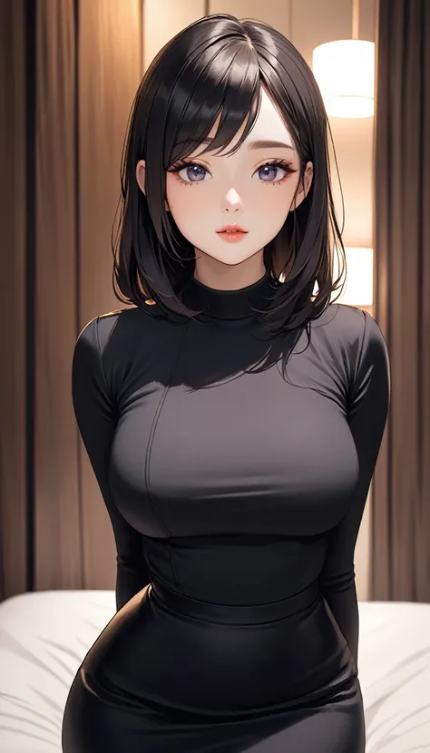 masterpiece, high resolution, beautiful woman, Korean Beauty, 30 years old, black sleeve less sweater, mini pencil skirt, beautiful woman, night hotel, standing and looking at me, high resolution face, (high resolution eyes), black hair, little curvy, big ...