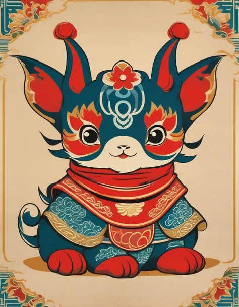 Japanese vintage poster print close up, A cute standing Pixiu
