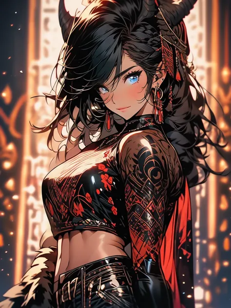 female, barbarian, braided black hair, tribal clothing, fur clothes, leather underwear, Demonic Right Arm