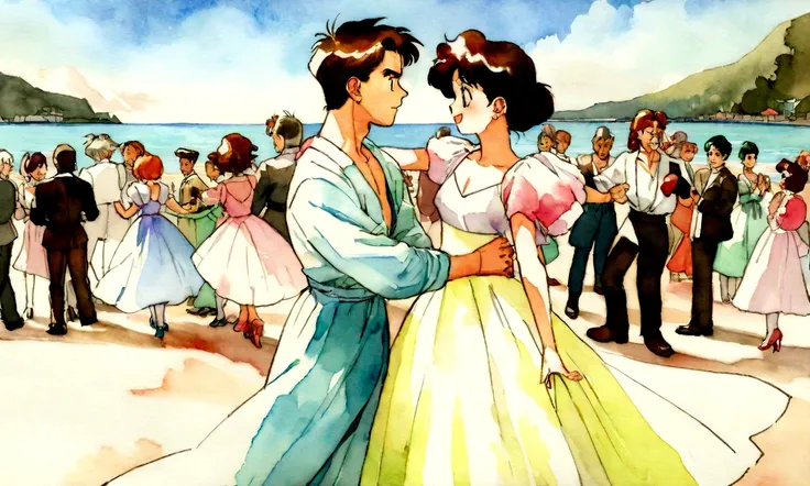 [Vintage Men&#39;s and Women&#39;s], Ancient Anime, 1980s (style), 1990s (style), watercolor (middle), , ((Highest quality)), ((masterpiece)), [Detailed], [Anime and manga images], [Women have small breasts], blue sky、refreshing、Couple dancing on the beach...