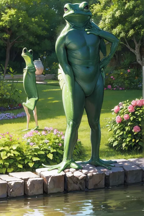 Masterpiece,stunning realistic, best quality, sharpness, 1 boy,human frog,frog head,big eyes,standing in a garden,long arms