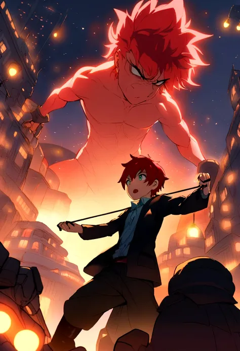 Davi (13 year old boy, red hair holding a slingshot in her hand), fighting against a giant, fund ( futuristc city, lights, ships ), giant angry face