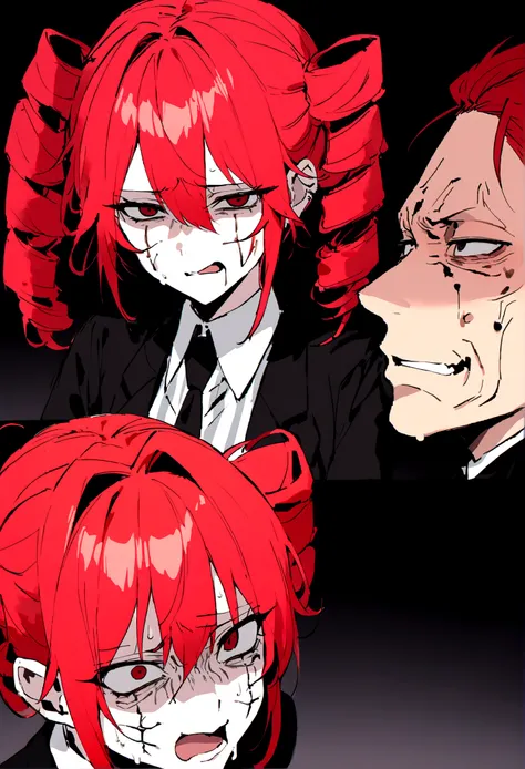 Red hair、Black Suit、Painful face、agnry face, disgusting face.