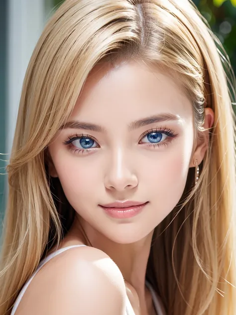 Beautiful silky skin、Smile in the middle、Unparalleled beauty、Extraordinary sexy beauty、A calm and bright beautiful expression、Sexy and refreshing look、Perfect beautiful pretty face with shiny light blonde silky hair、Beautiful face blonde、very cute、beautifu...