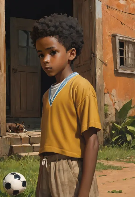 A poor Afro-Brazilian boy in a house in Porto Alegre Rio Grande do Sul Brazil drawn by Todd McFarlane and Greg Capullo, he is wearing old and torn clothes, he is playing with a soccer ball and playing with his little dog, a backyard of a typical Brazilian ...