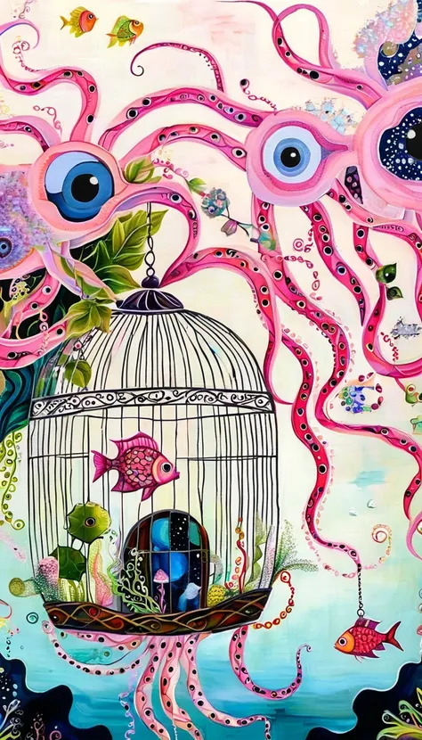 Light pink fish in the birdcage，plant，Tentacles，Eye、Starry Sky，Stitching together an abstract painting，Describing the inner world of autistic people，Sense of space，White Space，interesting，Innocence，Psychedelic Art，Pink theme