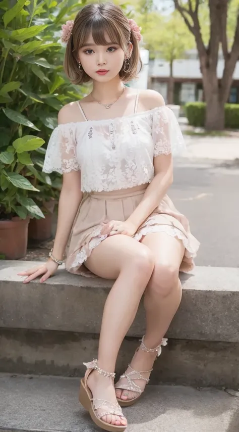 Portrait in girlish casual style for spring and summer。The model has fluffy curled bangs and light brown short hair.。She wears a white lace top、Denim miniskirt、Wearing pink sandals。Accessories include floral hair clips and beaded bracelets。