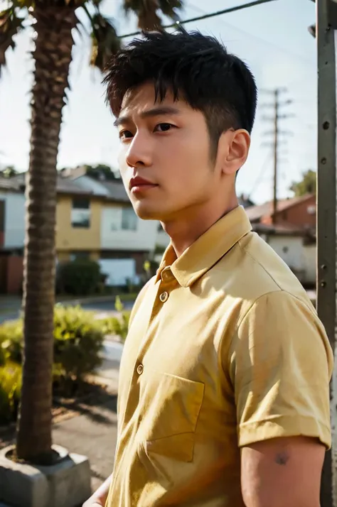 a young asian man with large muscles looks at the camera. in a yellow, red and white button-up shirt. , measure , normal sunligh...