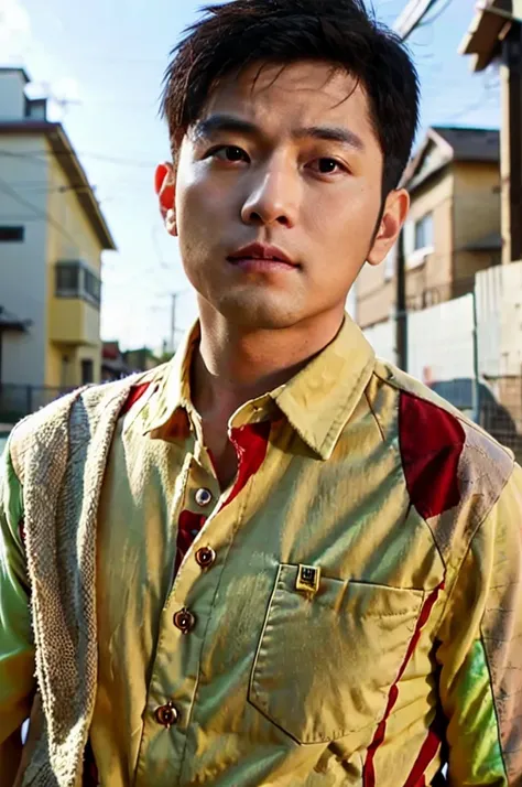 A young Asian man with large muscles looks at the camera. In a yellow, red and white button-up shirt. , measure , Normal sunlight