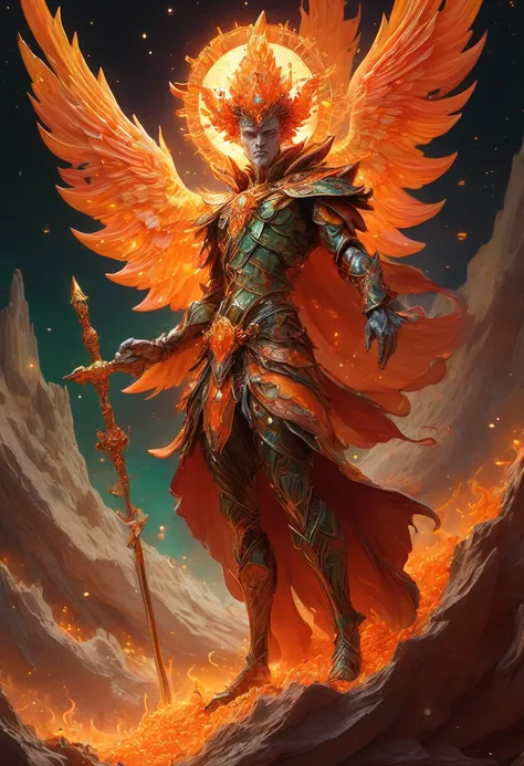 A male human figure who personifying the tarot of the Judgement, full figure wiew, the great evoker of the spirit of fire, he raise the dead,dressed in glowing orange scarlet, vermillion, scarlet flecked gold and vermillion flecked gold and emerald, perpet...