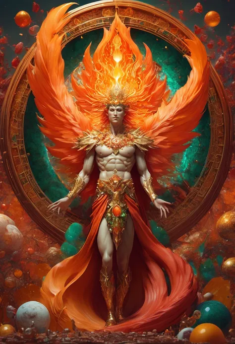 A male human figure who personifying the tarot of the Judgement, full figure wiew, the great evoker of the spirit of fire, he raise the dead,dressed in glowing orange scarlet, vermillion, scarlet flecked gold and vermillion flecked gold and emerald, perpet...