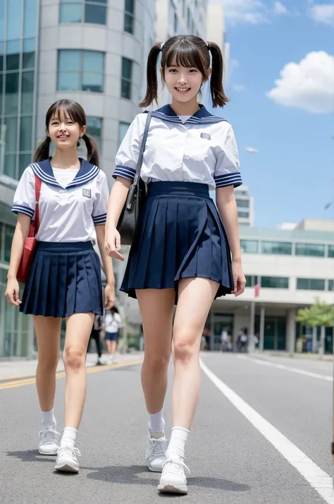 {2 | 3 | 4} girls walking in school street,cumulonimbus cloud in summer sky,sailor shirt,navy blue sleated skirt,school bag,18-year-old,bangs,a little smile,thighs,knees,short hair with low pigtails bunches,from below,front light