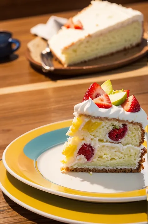 A colorful plate on the table，There is a small piece of cake on the plate，HD Photography，Background blur，Artistic sense，Depth of Field，Ultra-clear，Close Range。